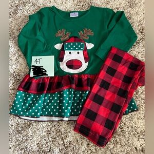 Girls Green Reindeer Holiday Set with Red Buffalo Plaid